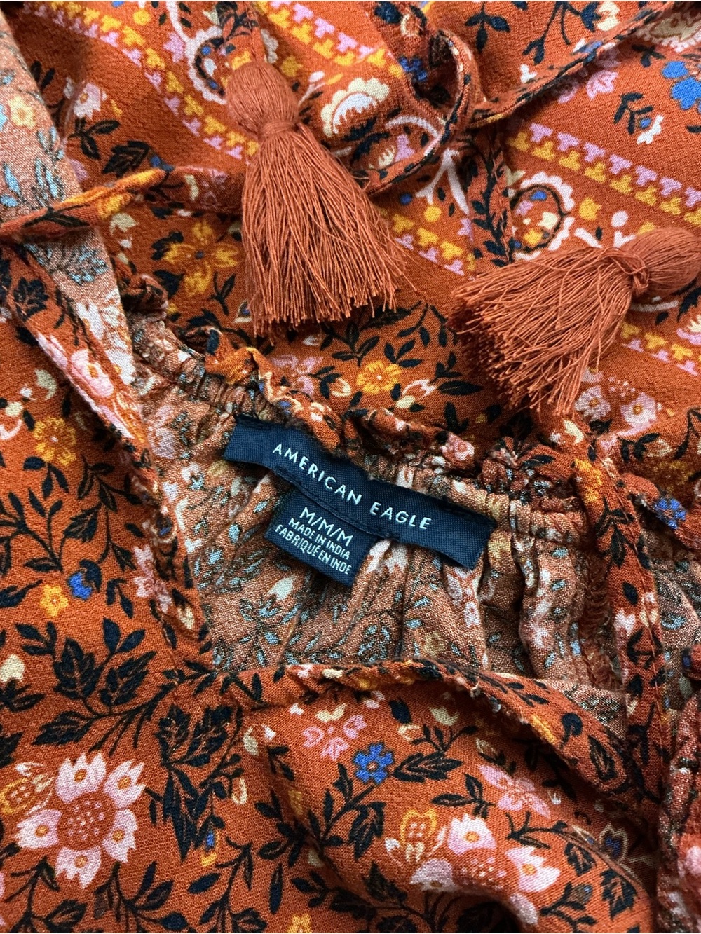 American Eagle Boho Floral Paisley Peasant Blouse Size M Earthy Cottagecore - Picture 3 of 4